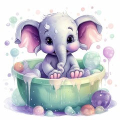 Charming Baby Elephant in Magical Bathtub Adventure A Whimsical Watercolor