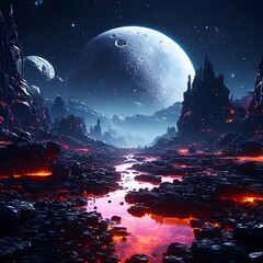 moon over hills and river. Neon lava theme.