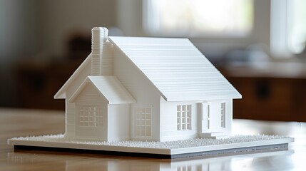 Architectural model of a house produced using a 3D printer, utilizing white filament.