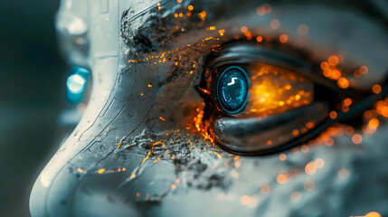 Close-up of the face of an alien with a burning eye.