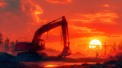 Excavator at work on a construction site in the setting sun