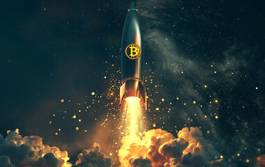 Bitcoin sign flying out of rocket on a dark space galaxy background.
