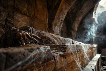 Ancient Crypt with Open Sarcophagus and Emergent Mummy Hand.