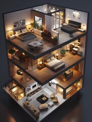 house interior design layout view from above with nice lighting and colors