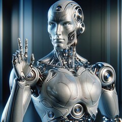 A sophisticated robot with rich facial textures that mimic human expressions, designed with articulated joints