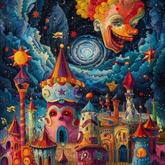 Fototapeta premium Detailed illustration of a summer circus scene, capturing the vibrancy and energy through art , close-up