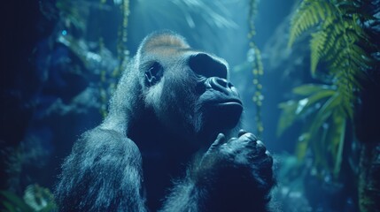 Naklejka premium A tight shot of a monkey in a forest, lit face, background plant