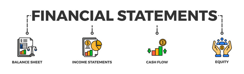 Financial statements banner web icon vector illustration concept with icon of graph, balance sheet, pie chart, income statements, money, calculator, income, earning, cash flow, equity, and balance