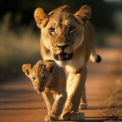 lion and lioness in the zoo, 
Mother's love is universal. Lioness carrying lion cub in mouth on...