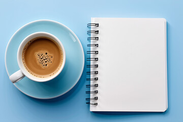 A close up of a cup of coffee next to a notebook