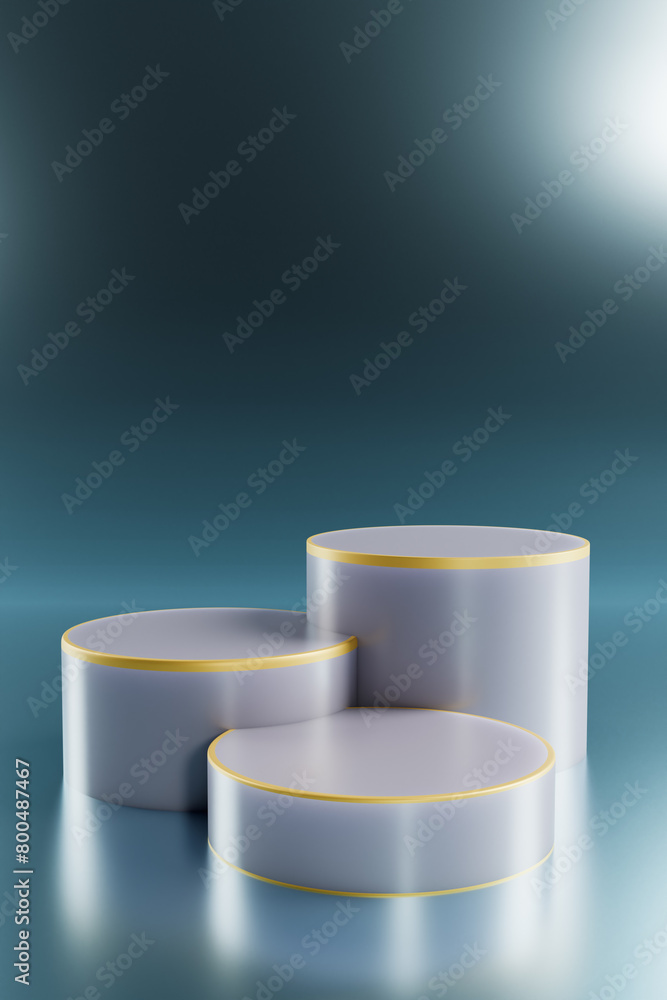 Poster three empty round podiums with golden edges. mockup space to showcase product design. 3d rendering.