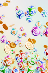 Lots of colorful flying lottery balls and gold coins with dollar signs. 3D rendering