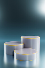 Three empty round podiums with golden edges. Mockup space to showcase product design. 3d rendering.