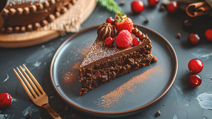 Plate with slice of tasty homemade chocolate cake