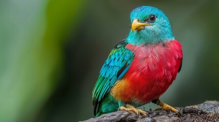 Obraz premium A vibrant bird perches on a tree branch, juxtaposed with a dual-toned branch—green and red Background softly blurs