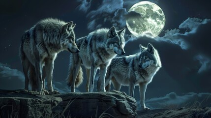 Conceptual depiction of a wolf pack with an alpha amidst a full moon.