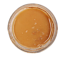 Almond butter in glass jar isolated on white, top view, clipping