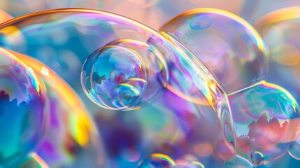 Artistic close-up shot of soap bubbles, highlighting the rainbow-like colors and the transparency of each bubble