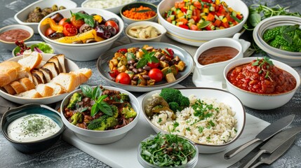 Fototapeta premium Artistic studio shot of an assortment of easy-to-prepare vegan meals, perfect for restaurant menus, photographed in high-resolution with an isolated background