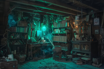 Obraz premium Witch's Cabin with Spell Books and Green Cauldron Flame