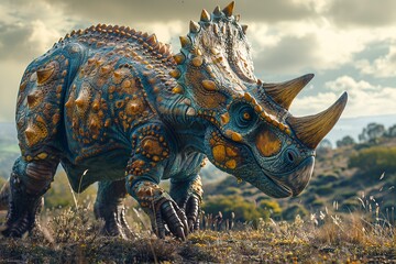 Explore the harmony of a Triceratops adorned in decorative armor, merging power and elegance in a captivating visual representation. Enhanced contrast between armored features