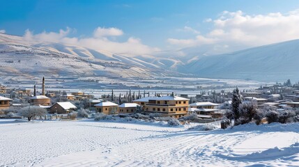 View of Bekaa valley under the snow in Lebanon, beautiful winter view background.