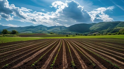 Cultivated fields with hills, sky and mountains, farmer land background.