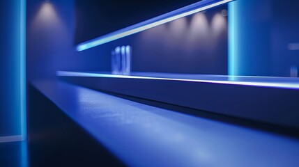 Close-up stock photo of a minimalist style product display stand, bathed in Klein blue lighting with a sleek light bar accentuating the modern design