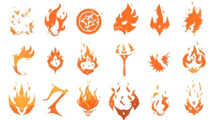fire spell gaming icons isolated on a white background