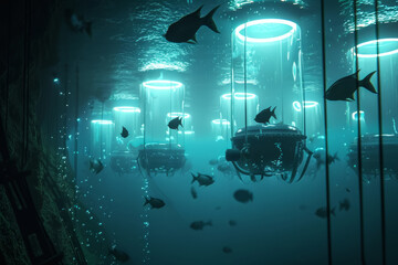 Obraz premium Submerged Nuclear Waste Site with Fish and Blue Glow