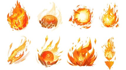 fire spell gaming icons isolated on a white background