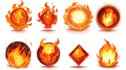 fire spell gaming icons isolated on a white background