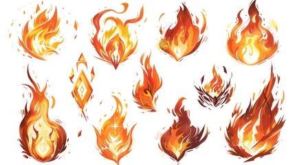 fire spell gaming icons isolated on a white background