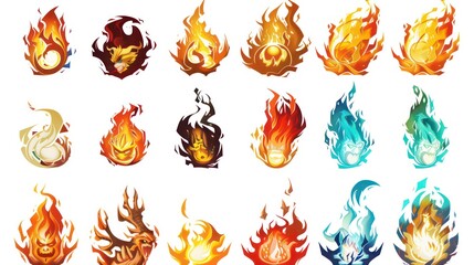 fire spell gaming icons isolated on a white background