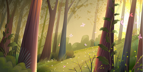 Magical sunlight in forest landscape, empty woodland wallpaper for kids. Cartoon fairytale forest, meadow with trees for kids story or tale. Vector children illustration in watercolor style