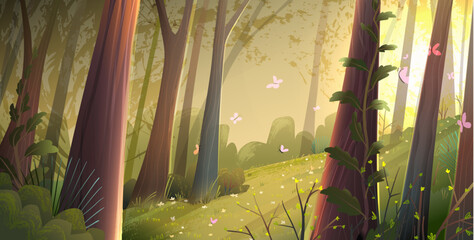 Magical sunlight in forest landscape, empty woodland wallpaper for kids. Cartoon fairytale forest, meadow with trees for kids story or tale. Vector children illustration in watercolor style © Popmarleo