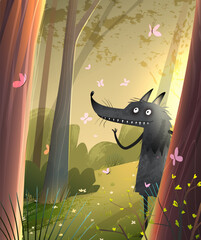 Scary big wolf in green wild forest watching butterflies. Animal wolf character in sunlight woods, fun cartoon for kids story or fairy tale. Artistic vector children illustration in watercolor style. © Popmarleo