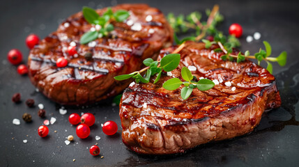 two succulent grilled steaks with visible grill marks, garnished with a sprig of green herbs and surrounded by scattered red berries and white granules salt