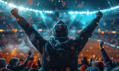 A fan with raised arms in the audience to cheer