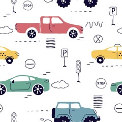 Seamless pattern with hand drawn cars, signs, roads. Cartoon background for print, children, paper, print . trending art cute illustration