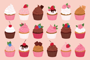 Set of various cupcakes with berries, chocolate, cookies, sprinkles, flowers. Vector graphics.