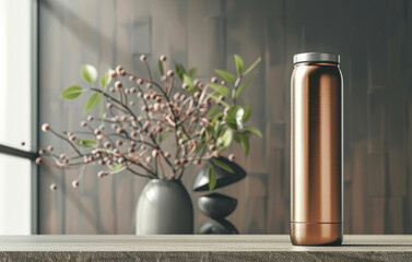 A tall, metallic thermos sits on a table next to a vase of flowers