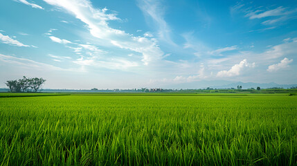 Obraz premium A scenic landscape of lush green paddy fields stretching to the horizon under a clear blue sky