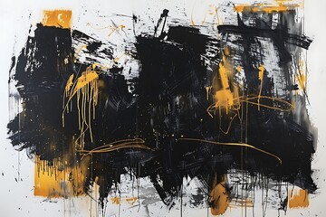 An abstract expressionist painting with bold strokes of gold and ebony ink