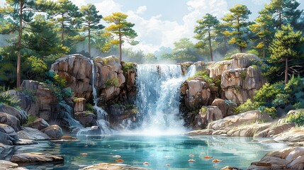 A hidden forest waterfall cascading into a crystal-clear pool with playful fish. 