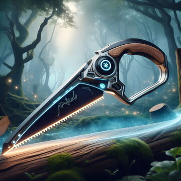 The Futuristic Contrast Neon Outlined Realistic Dark Blue Handsaw.