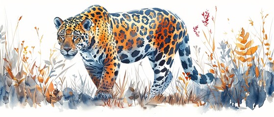 Obraz premium A majestic jaguar prowling through the jungle undergrowth. 