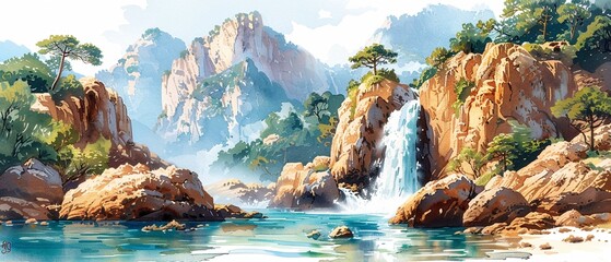 A majestic waterfall cascading down rocky cliffs into a pool below.