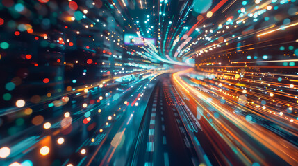 Naklejka premium A colorful, blurry image of a highway with a bright orange line