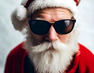 Portrait of a Cool modern Santa Claus with a long white beard in a red suit and sunglasses looks at us